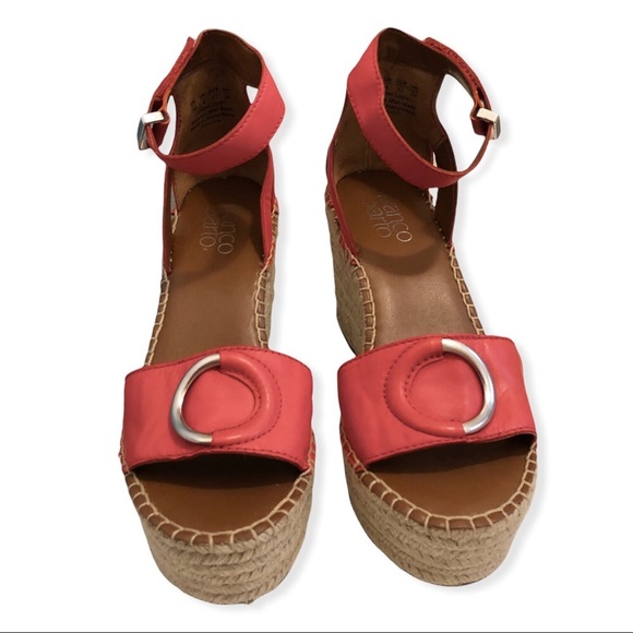 👡 Coral Red Leather Espadrilles Wedge Heels Silver Accents FRANCO SARTO - Picture 6 of 16